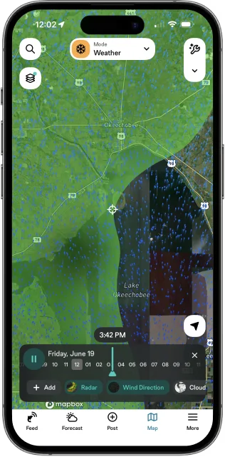 Fishing map with live conditions in the FishAngler app