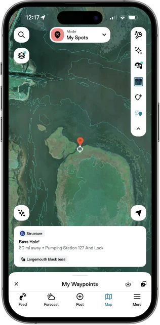 Waypoints on a satellite map in the FishAngler app